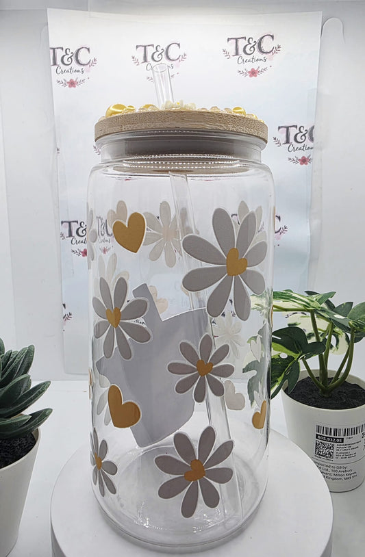 16 Oz Glass Tumbler “Daisy’s & Hearts” Decal