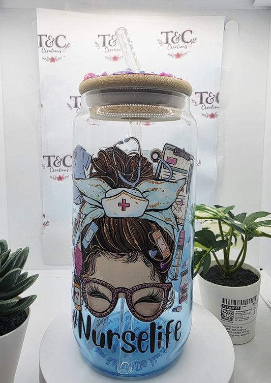 16 Oz Glass Tumbler “Nurse Life” Decal