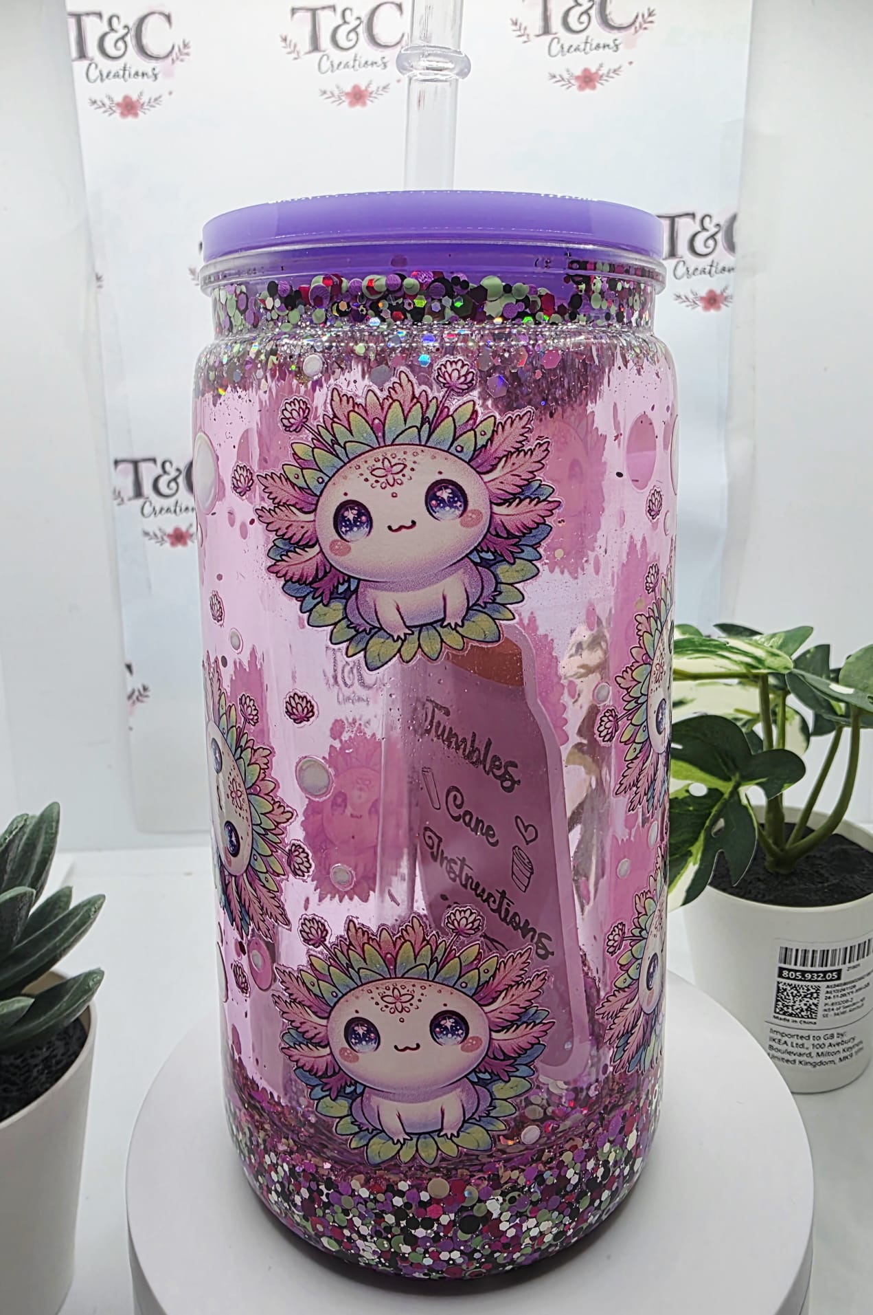 16 Oz Acrylic Snow Globe Tumbler "Axolotl Decal"