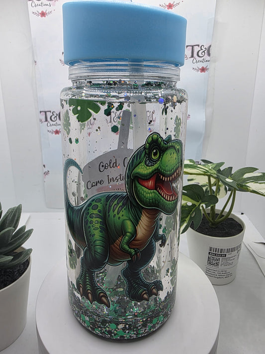 10 Oz Acrylic Children’s Snow Globe Dinosaur Decal (Blue Lid)